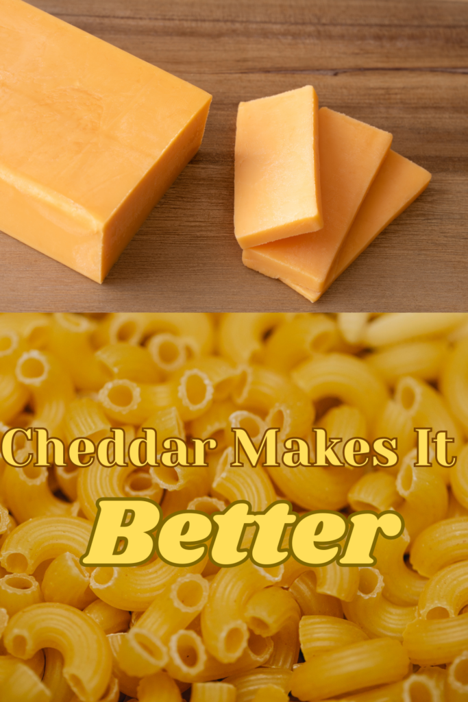 Cheddar cheese on a table above a picture of uncooked macaroni noodles. 